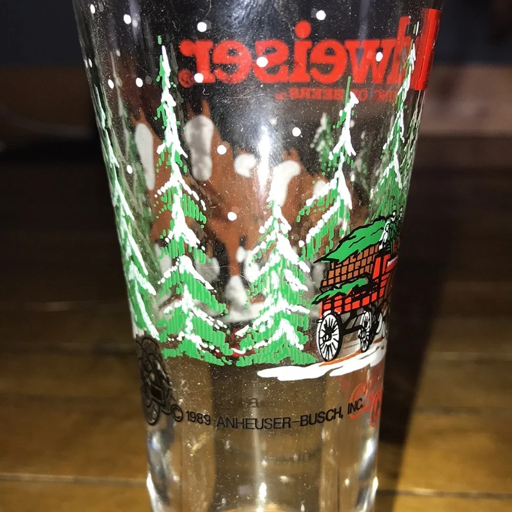 Budweiser Clear 1989 Pilsner Glass with Red Logo &‎ Green Tree Graphics